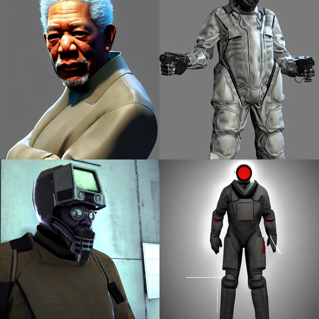 Prompt: Morgan Freeman wearing an HEV suit from Half-Life, Artstation, devianart, volumetric light, sharp focus