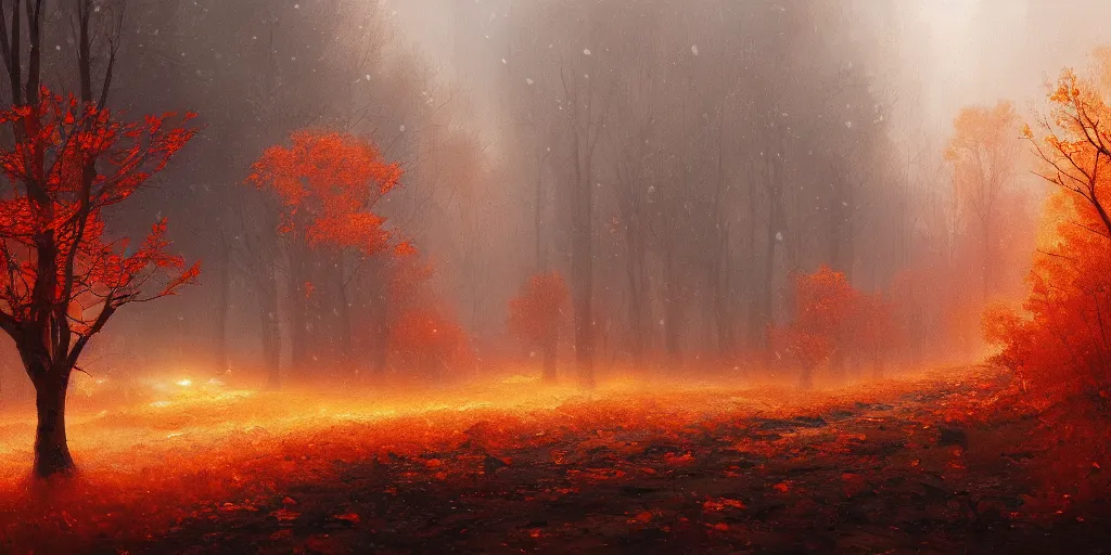 Image similar to A beautiful oil painting of a valley covered in snow, trees with red and orange leaves, yellow lighting, gloomy, atmospheric lighting, detailed, by greg rutkowski, trending on artstation