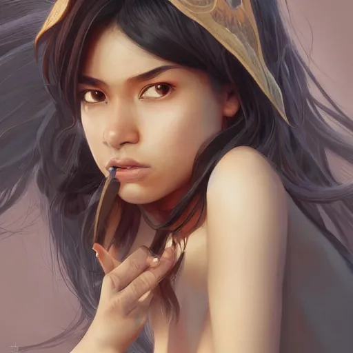 Image similar to demonic evil seductive cute fourteen year old brown skinned asian girl, tomboy, freckles!!!, fully clothed, highly detailed, digital painting, artstation, concept art, sharp focus, illustration, cinematic lighting, art by artgerm and greg rutkowski and alphonse mucha,