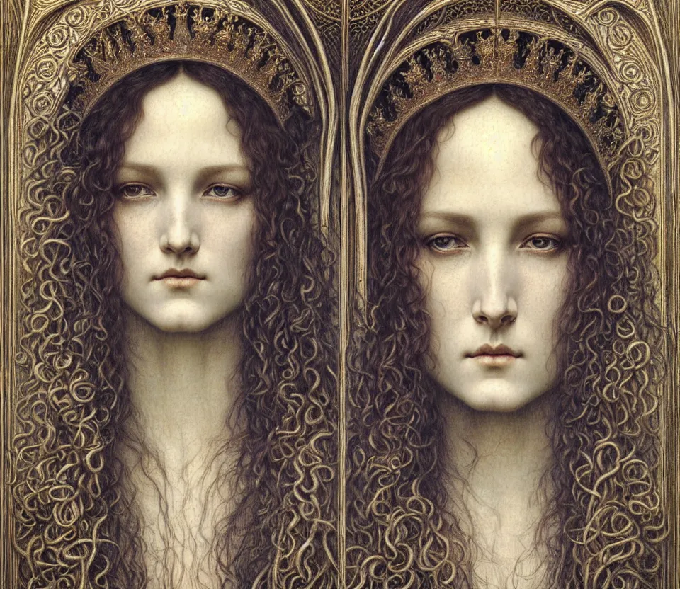 Image similar to detailed realistic beautiful young medieval queen face portrait by jean delville, gustave dore and marco mazzoni, art nouveau, symbolist, visionary, gothic, pre - raphaelite. horizontal symmetry