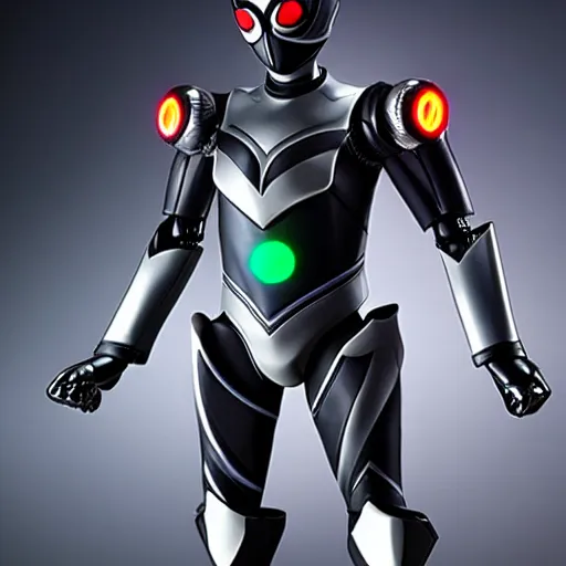 Prompt: Bio mechanical Kamen Rider, glowing eyes, daytime, grey rubber undersuit, segmented armor