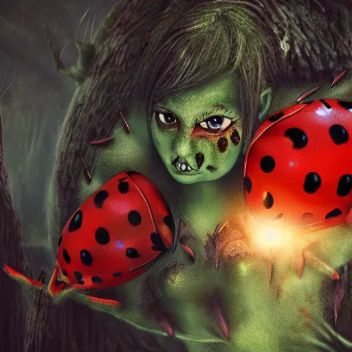 Prompt: ladybug as a monster, fantasy art style, scary atmosphere, nightmare - like dream, 4 k photorealistic, cinematic