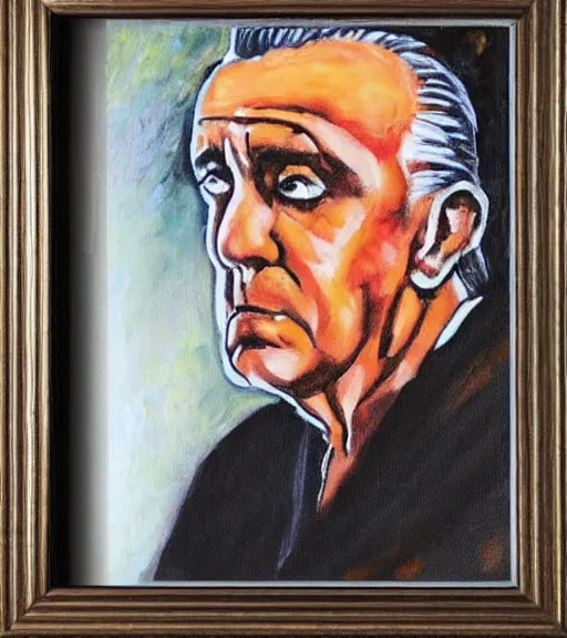 Image similar to framed portrait painting of paulie walnuts sitting at a mafia table