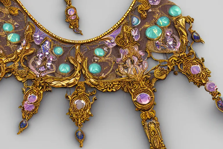 Prompt: highly detailed oil painting, historical, art nouveau, ornate, delicate, brilliant magical large gemstones choker, around a neck, octane render, realistic, dramatic light, 3 d, photograph 4 k,