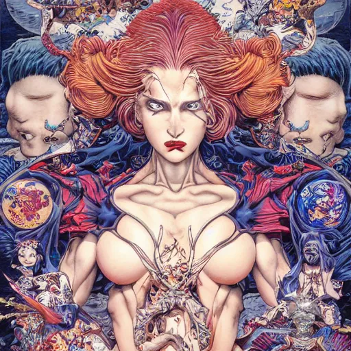 Image similar to portrait of crazy mystique, symmetrical, by yoichi hatakenaka, masamune shirow, josan gonzales and dan mumford, ayami kojima, takato yamamoto, barclay shaw, karol bak, yukito kishiro