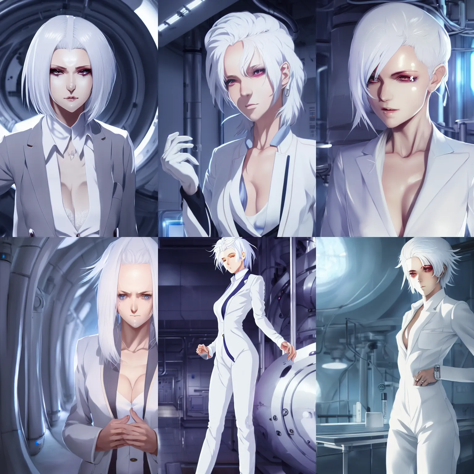 Image similar to a beautiful woman with white hair, wearing white suit, standing inside a research facility, character art, anime key visual, official media, illustrated by wlop, extremely detailed, 8 k, trending on artstation, cinematic lighting, beautiful body