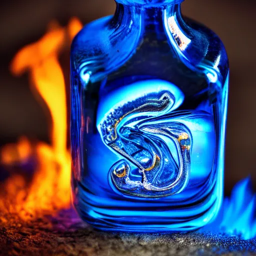 Image similar to blue flame in a bottle, 4 k, photography, highly detailed