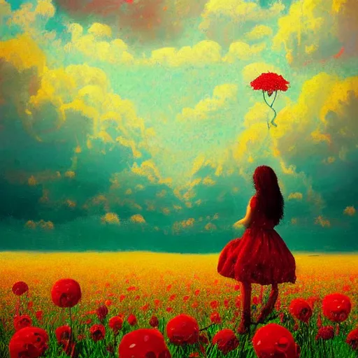 Prompt: giant red flower afro, full body, girl floating in the middle of a field with flowers, surreal photography, hills, sunrise dramatic light, impressionist painting, colorful clouds, digital painting, pointillism, artstation, simon stalenhag