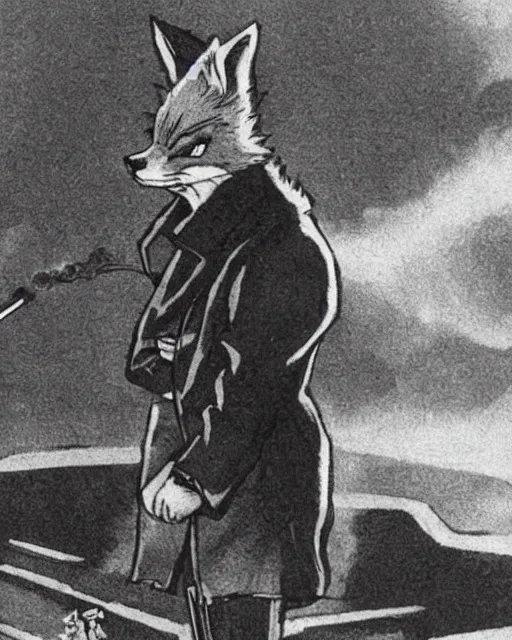 Image similar to a fox in a black trench - coat, smoking a cigarette in front of a huge explosion in the middle of a war, style of anime