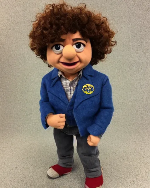 Prompt: dustin henderson gaten matarazzo as a muppet. highly detailed felt. hyper real photo. 4 k.