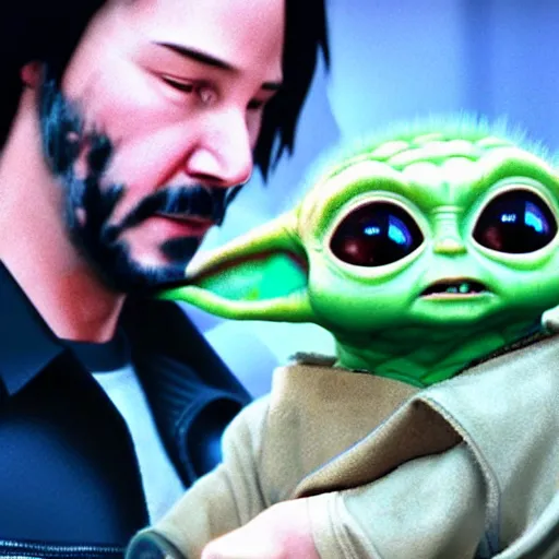 Image similar to keanu reeves holding baby yoda in his arms, matrix, detailed, hyper realistic, 4 k octan render, unreal 5