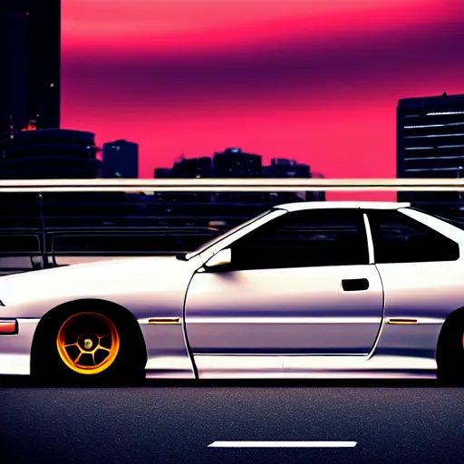 Image similar to a car Nissan Silvia at illegal car meet, Shibuya prefecture, city sunset, cinematic color, photorealistic, highly detailed