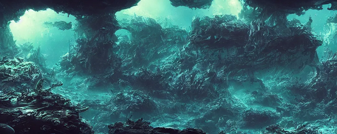 Image similar to ” underwater alien landscape, [ organic, liquid, cinematic, detailed, epic, widescreen, opening, establishing, mattepainting, photorealistic, realistic textures, octane render, art by slop and paul lehr ] ”