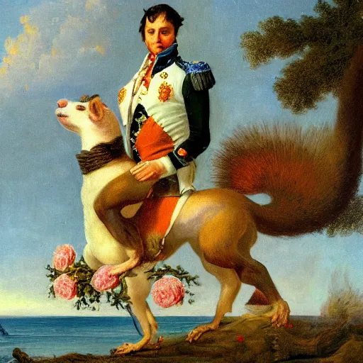 Image similar to a giant squirrel carrying napoleon bonaparte on its back, beach scene with flowers and foliage, detailed oil painting