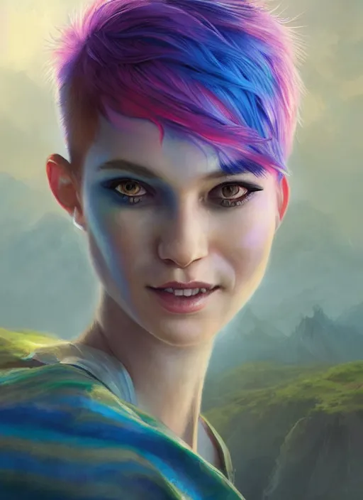 Image similar to girl with rainbow hair, pixie haircut, beautiful highly detailed face, complementary lighting, backlit, black eyeshadow, grinning, adventure, dramatic lighting, landscape background, beautiful painting by artgerm and greg rutkowski and raymond swanland