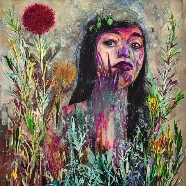 Prompt: “ a portrait in a female art student ’ s apartment, australian wildflowers, sensual, queer woman, flax, flannel flower, bottlebrush, eucalyptus, charred, bushfire, new leaves, art supplies, a candle dripping white wax, aboriginal art, berry juice drips, acrylic and spray paint and oilstick on canvas, surrealism, neoexpressionism ”