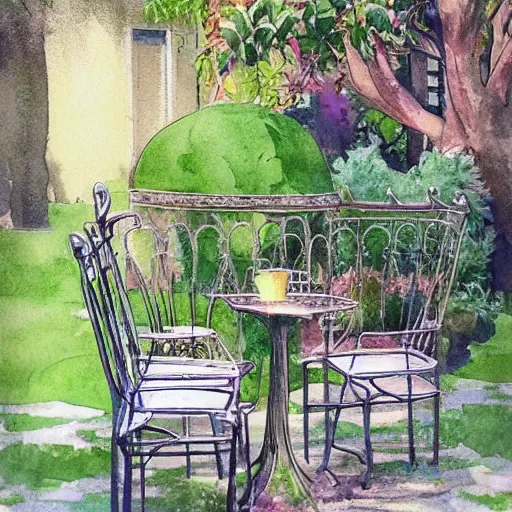 Prompt: delicate, tiger, chairs, garden, paved, botanic watercolors, iridescent, 8 k, realistic shaded, fine details, artstation, italian, iron gate, tree, mediterranean, marvelous