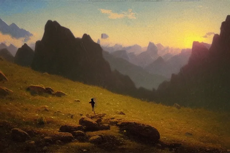 Prompt: a traveler wandering trough the mountains looking at the clouds, very detailed, focused, oil painting, cinematic lighting, albert bierstadt, trending on artstation, colorful, canvas, sunset, hans dahl, theodor kittelsen, hermann hendrich, national geographic, Konstantin Yakovlevich Kryzhitsky, beautiful nature, breathtaking, nordic