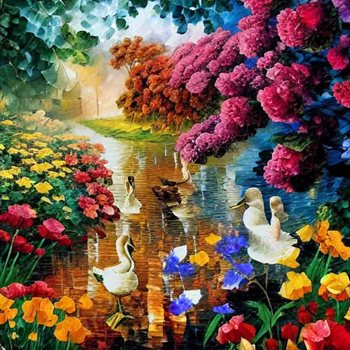 Image similar to flowers and ducks by arthur adams, john stephens, leonid afremov, chiho ashima, karol bak, david bates