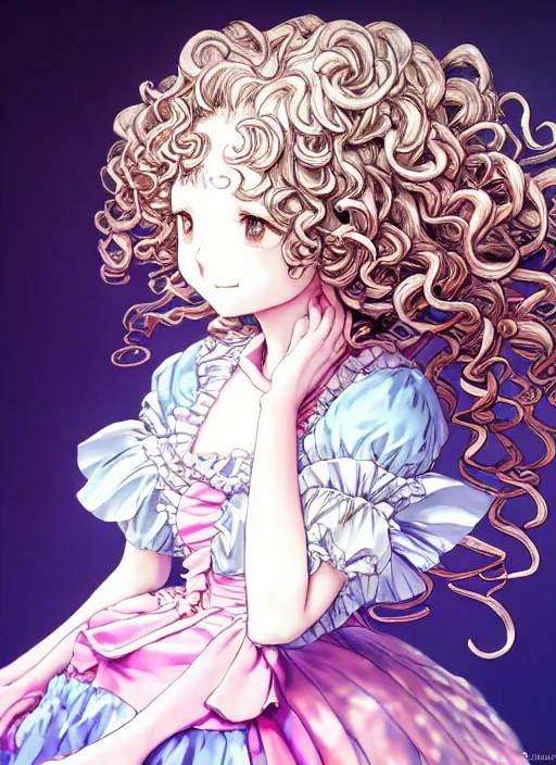 Prompt: manga of beautiful maid, curls hair, rococo ruffles dress, pastel rainbow, pearlescent, shimmering, reflective, rim light, detailed background, by yoshitaka amano, kojima ayami, yoji shinkawa, illustration, dark fantasitc, artstation, pivix, concept art, highly detailed, colorful, maximalist