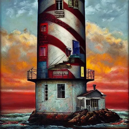 Prompt: beautiful lonely lighthouse, hyper realistic, colorful patterns, subtle shadows, art by tim okamura and oksana dobrovolska