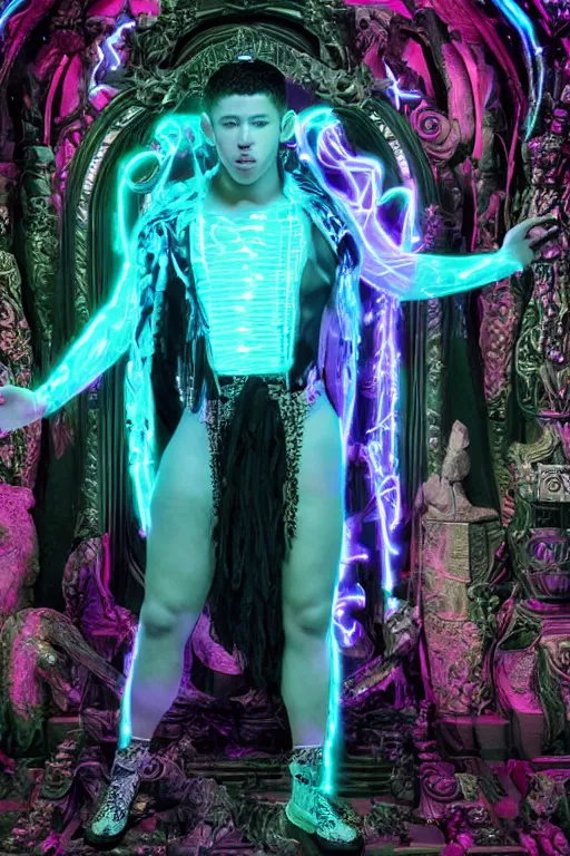 Image similar to photo of full-body rococo and cyberpunk delicate neon crystalline sculpture of ((handsome muscular albino prince Nick Jonas)) as an onyx humanoid deity wearing ((onyx plastic hooded cloak)) (holding an onyx skull) in a black aztec temple, reclining, glowing blue face, crown of (pink lasers), large blue diamonds, swirling black silk fabric. futuristic elements. oozing glowing liquid, full-length view. space robots. intricate artwork by caravaggio. Trending on artstation, octane render, cinematic lighting from the right, hyper realism, photorealistic, octane render, 8k, depth of field, 3D