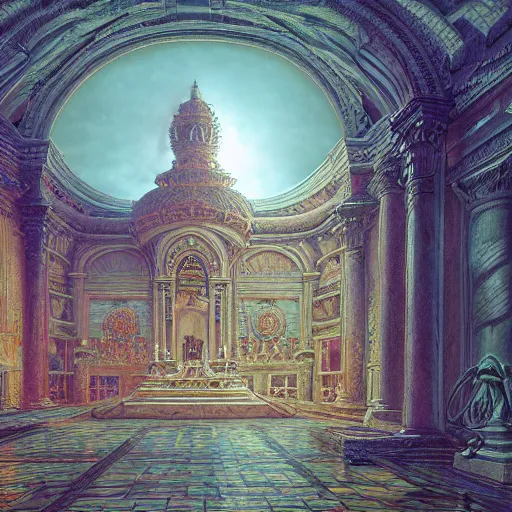 Prompt: Photorealistic ethereal dream palace in the style of Michael Whelan and Gustave Dore. Hyperdetailed photorealism, 108 megapixels, amazing depth, glowing rich colors, powerful imagery, psychedelic Overtones, 3D finalrender, 3d shading, cinematic lighting, artstation concept art