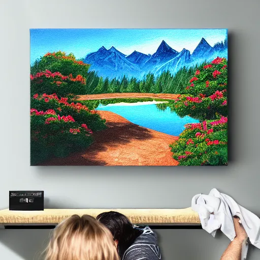 Image similar to a closeup photorealistic photograph of bob ross style kenny powers baseball, painting on canvas. mountains and trees. film still. brightly lit scene. this 4 k hd image is trending on artstation, featured on behance, well - rendered, extra crisp, features intricate detail, epic composition and the style of unreal engine.