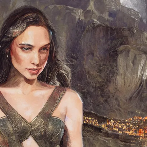 Image similar to An enchanting portrait of Gal Gadot as an elf in evening gown, evening, detailed matte painting, cinematic, Alan Lee, Artstation