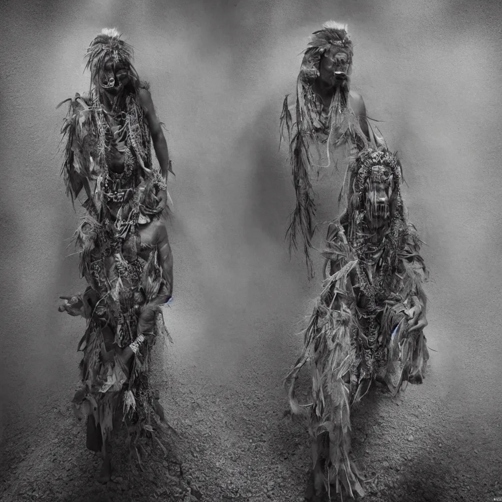 Prompt: photography, full body portrait of indigenous spiritual healer shaman in underworld, biotecture sandstorm dust mountain temple spirits shadows ritual, sebastiao salgado, cindy sherman, ernst haeckel