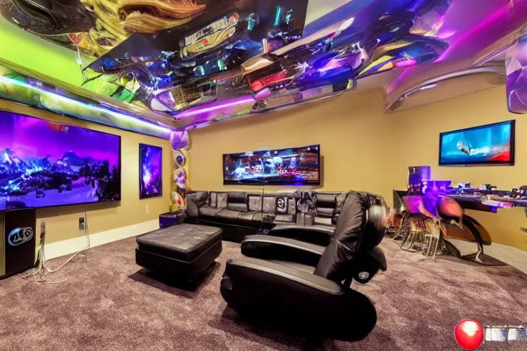 a photo of a large, luxury gaming room with all the