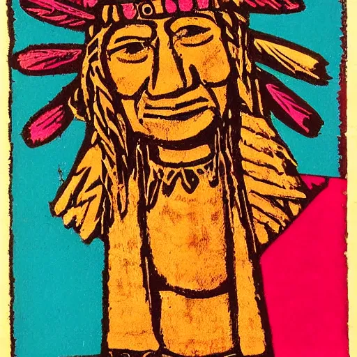 Prompt: colorfull woodcut, statue, character, by hopi indians