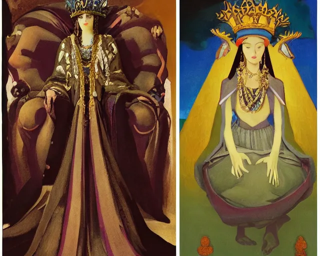 Image similar to a queen wearing a dress and a crown, and a veil on a stone throne by nicholas roerich, by gustave moreau, by james hawe, by yoshitaka amano, by georgia o keeffe, oil painting