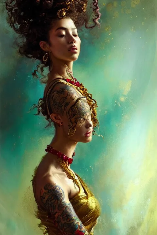 Image similar to an epic painting of a 1 9 years old girl figure, curly messy high bun hairstyle, oriental tattoos, subject wearing a gold and ruby high fashion gown, flowing, ornate, beautiful, dramatic earth colors, with few vivid green highlights, by jeremy mann and greg rutkowski, artstation, oil on canvas
