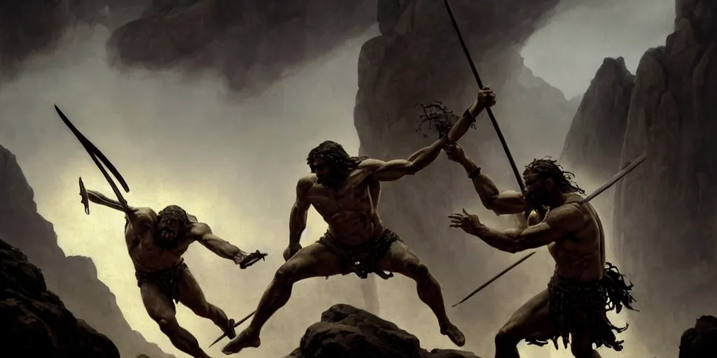 Prompt: realistic painting of biblical Cain stabbing Abel in the chest with a spear, a stone altar with white smoke ascending in the background, masculine and rugged, inspired art by Frazetta + facial symmetry + dramatic volumetric lighting, 8k octane render, intricate, epic composition, grim yet sparkling atmosphere, cinematic lighting + masterpiece, trending on artstation, very detailed, masterpiece, stunning