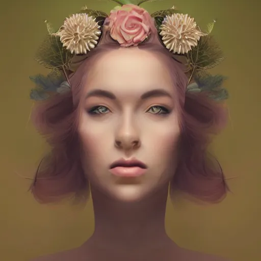 Image similar to face portrait of a woman, plants on the head, face fractals, jewellery, inspired by lois van baarle, cinematic, 8 k