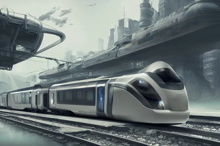 Image similar to futuristic train designed by Apple, a detailed matte painting by Kitagawa Utamaro, cgsociety, octane render, highly detailed, matte painting, concept art, sci-fi