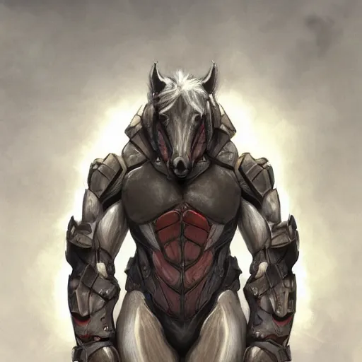 Image similar to an enormously muscular anthro horse in a research facility wearing a skintight body armor, experimental supersoldier, long white mane, equine, anthro art, furaffinity, highly detailed, digital painting, artstation, concept art, illustration, art by artgerm, greg rutkowski, ruan jia