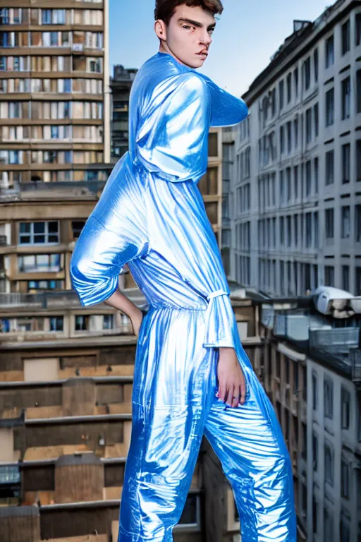 Image similar to un ultra high definition studio quality photographic art portrait of a young man standing on the rooftop of a british apartment building wearing soft baggy inflatable padded iridescent pearlescent jumpsuit. three point light. extremely detailed. golden ratio, ray tracing, volumetric light, shallow depth of field. set dressed.