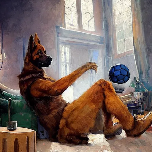 Image similar to a humanoid german shepherd beast - man, sitting and watching a soccer match in his house on television, he has hurt his knee and is a dad, by erin hanson, alexi zaitsev, karl spitzweg, award winning, tv set