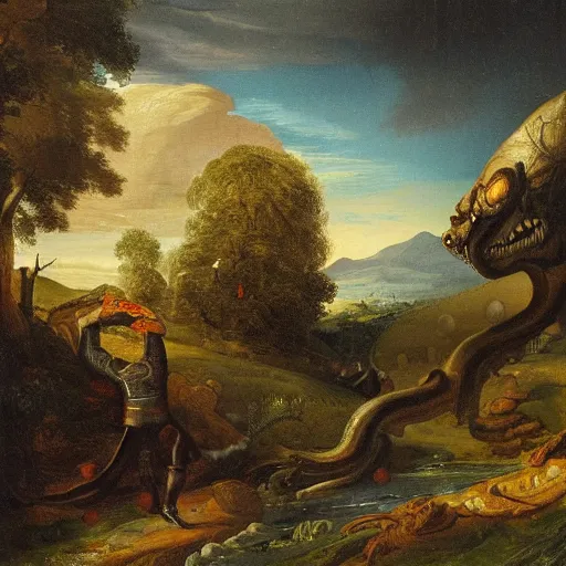 Image similar to detailed oil painting of a pipe organ monster rampaging the countryside by Asher Brown Durand,