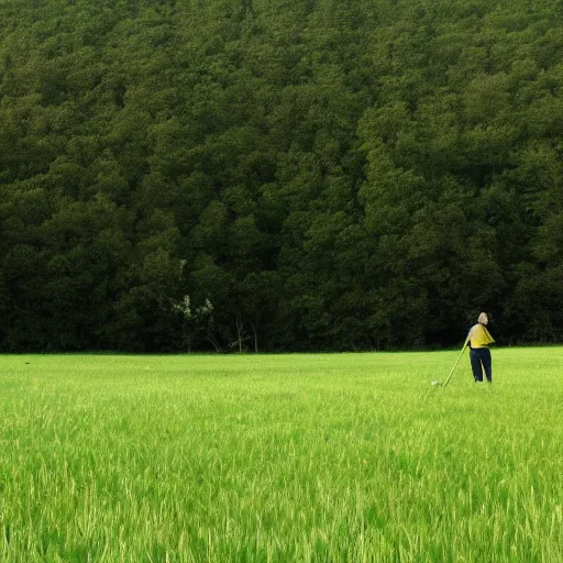 Prompt: clean grassland with only one person in the distance