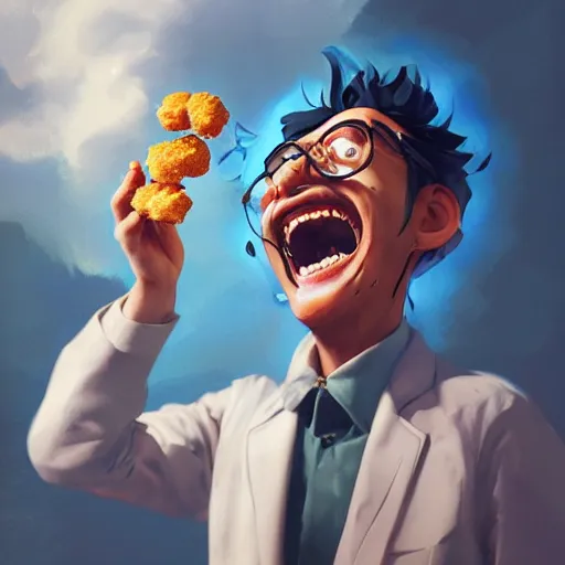 Image similar to a mad scientist in his back yard laughing happily at the chicken nuggets which are falling from the sky , made by Stanley Artgerm Lau, WLOP, Rossdraws, ArtStation, CGSociety, concept art, cgsociety, octane render, trending on artstation, artstationHD, artstationHQ, unreal engine, 4k, 8k,