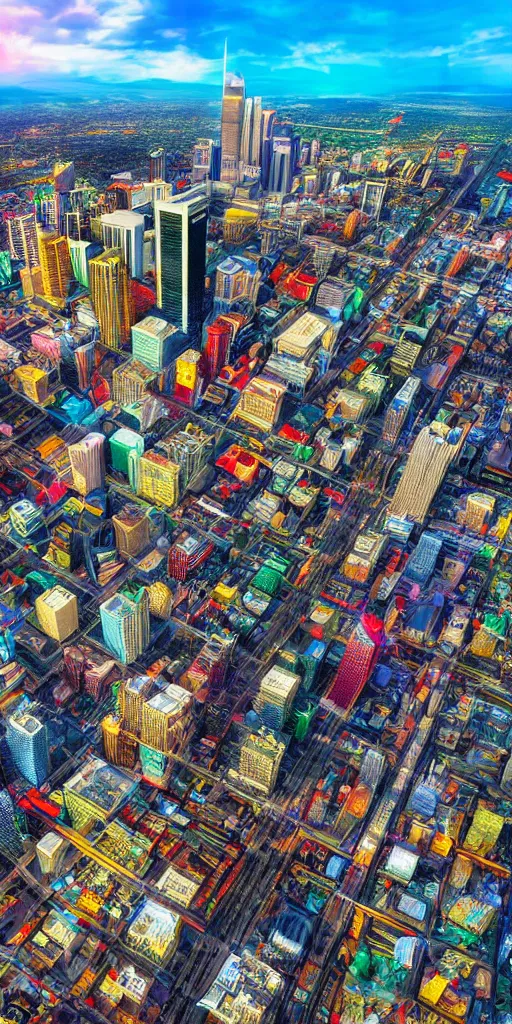 Image similar to hyper realistic photo of calgary city view from the sky, 1 6 k, hyper realistic, fractal art, art station, coherent design, symmetrical, vivid colour, complementary colour, golden ratio, detailed, sharp lines, intricate, rainbow shift, in unreal 3 d engine, ray tracing, octane render