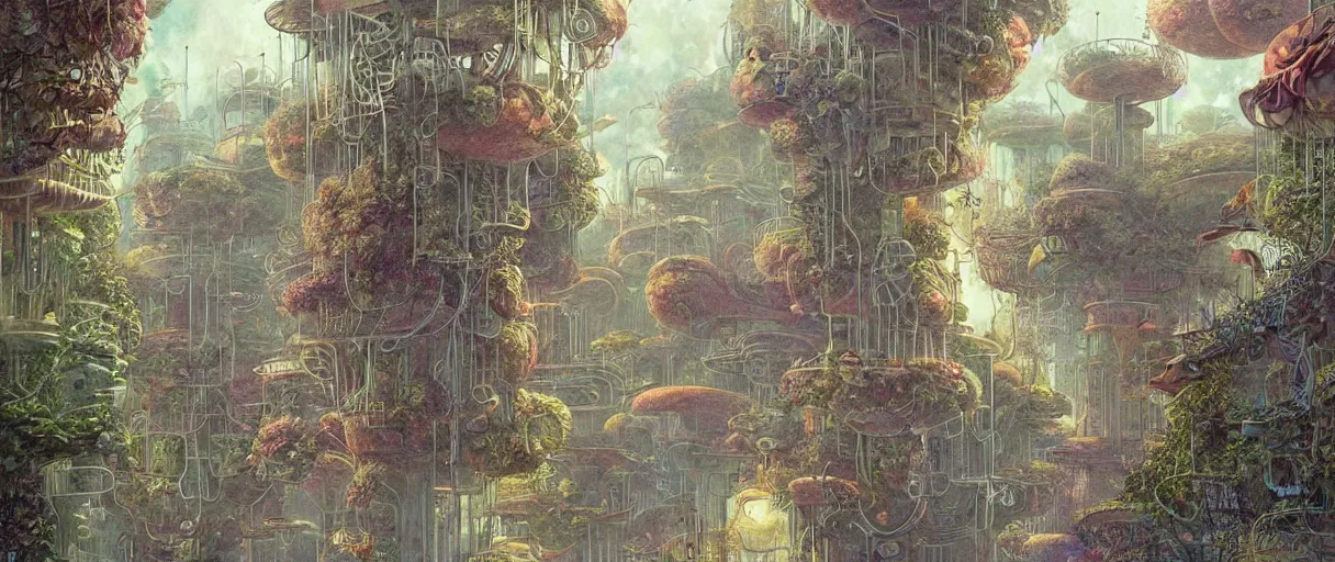 Prompt: A beautiful illustration of a retro futurism hanging garden full of people walking the pathways on another world by Daniel merriam | sparth:.2 | Time white:.3 | Rodney Matthews:.3 | Graphic Novel, Visual Novel, Colored Pencil, Comic Book:.2 | unreal engine:.3