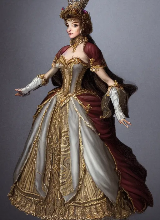Prompt: detailed full body concept art of a princess in fine clothing, ultra detailed, painterly, micro detail