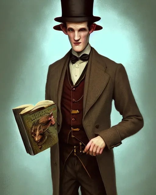 Prompt: anthropomorphic art of a detective matt smith, victorian inspired clothing by artgerm, victo ngai, ryohei hase, artstation. fractal papersand books. highly detailed digital painting, smooth, global illumination, fantasy art by greg rutkowsky, karl spitzweg