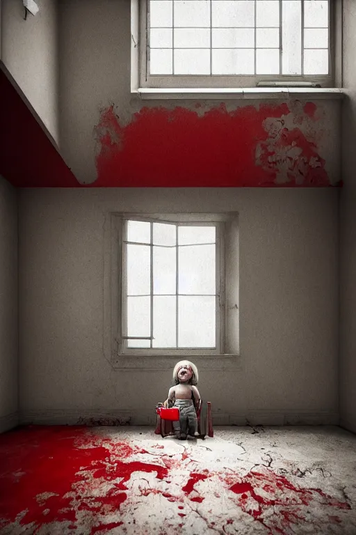 Image similar to room with 3 red windows, child with teeth all over his body except in the mouth, dystopian environment, by michal karcz in the style of chucky | freddy krueger style