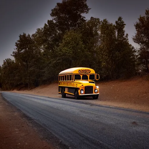 Image similar to a school bus driving on a dirt road at night photography high quality