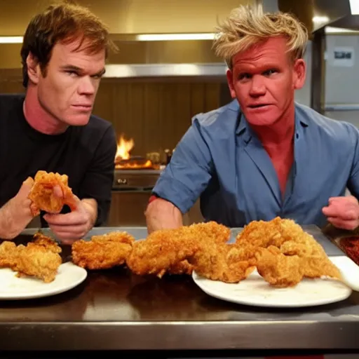 Image similar to dexter morgan and gordon ramsay eating fried chicken